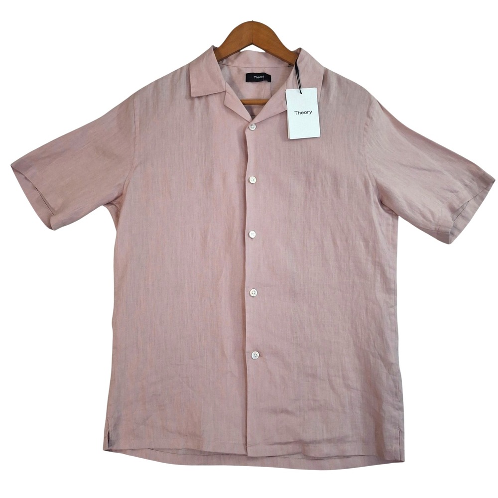 Theory Daze Precise Linen Shirt Mens XS Viola Pink Short Sleeve Camp Collar NWT